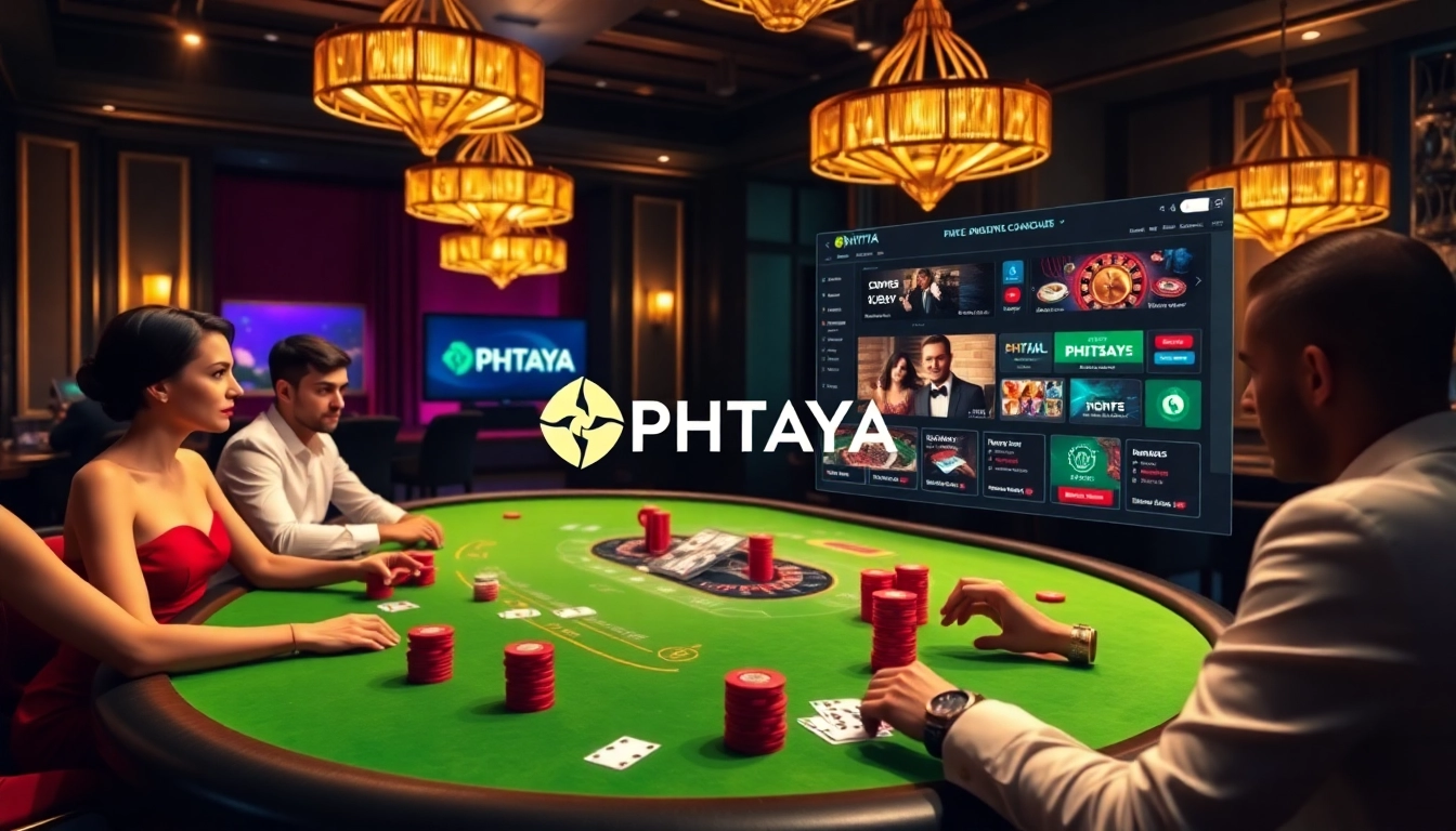PHTAYA logo displayed on a vibrant casino poker table with engaged players and colorful chips.