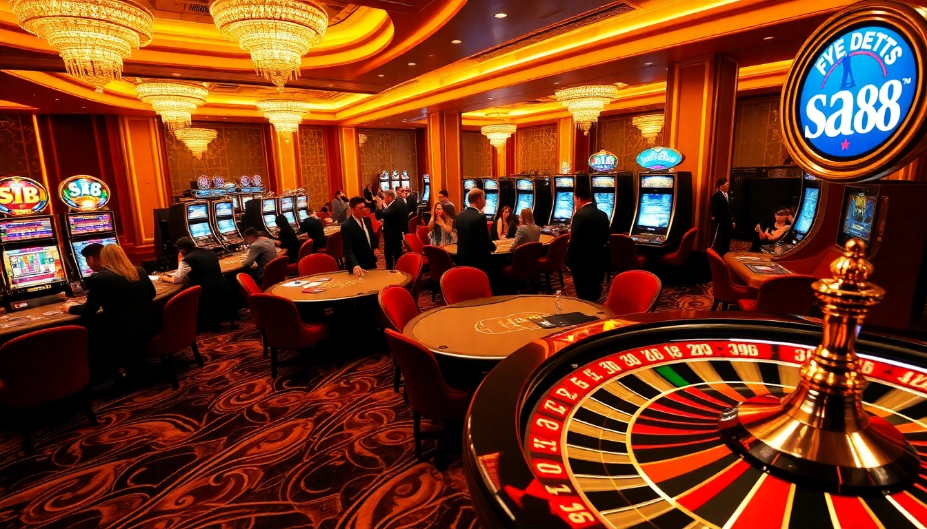 sa88 players engage in a thrilling casino experience with vibrant poker tables and glowing slot machines.