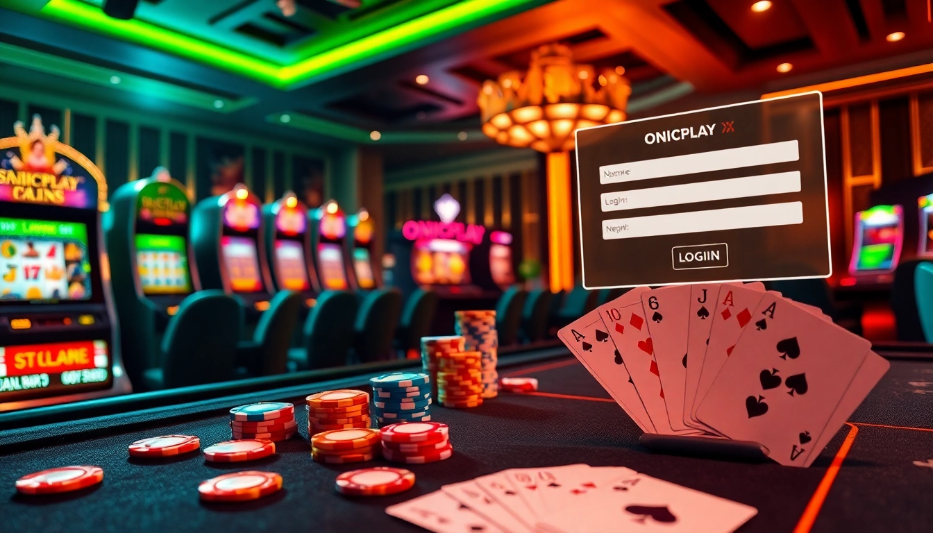 Experience seamless onicplay login in a luxurious casino setting with vibrant slot machines and elegant poker chips.