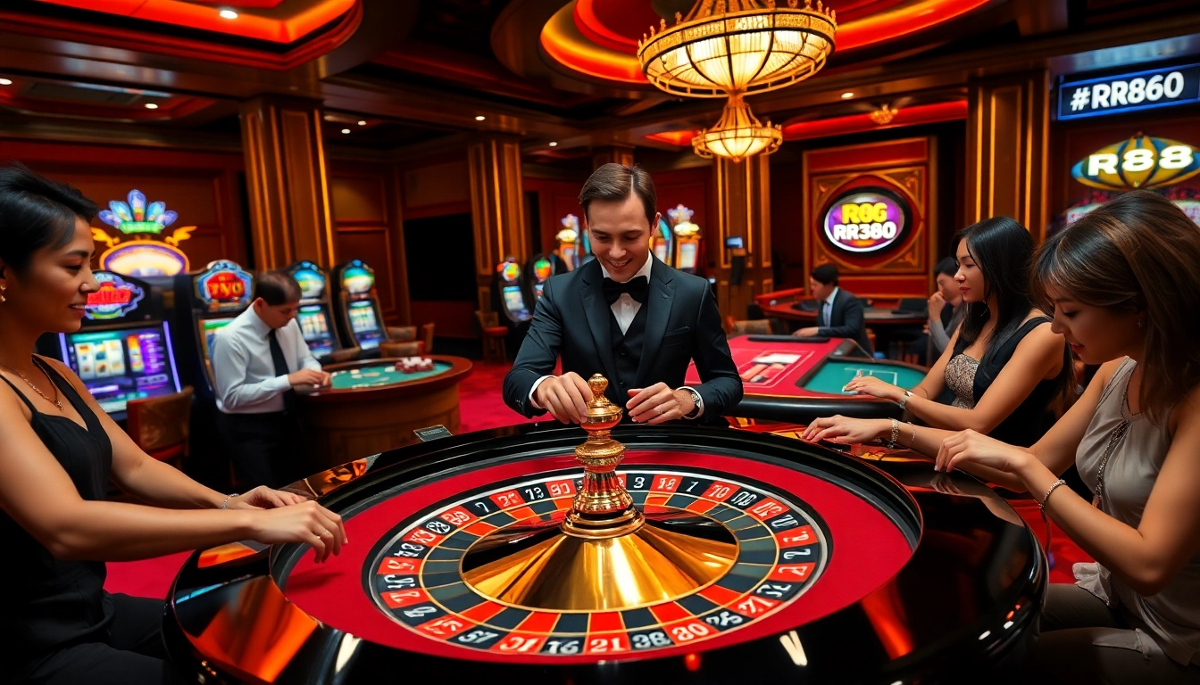 RR88 players enjoying an exciting roulette game in a luxurious casino setting.