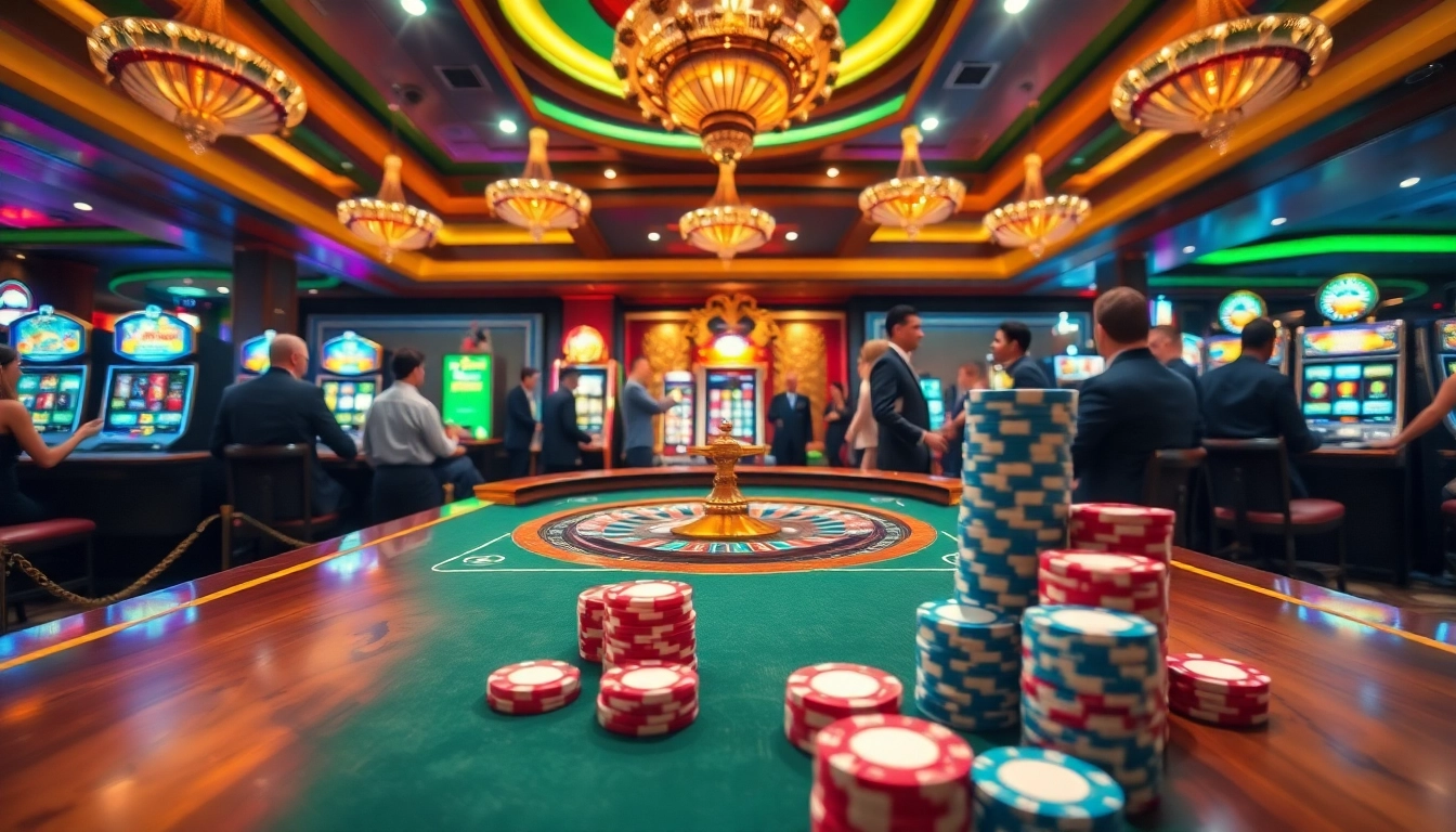 Players enjoying high-stakes games at MM88's luxurious casino, with roulette and slot machines in view.