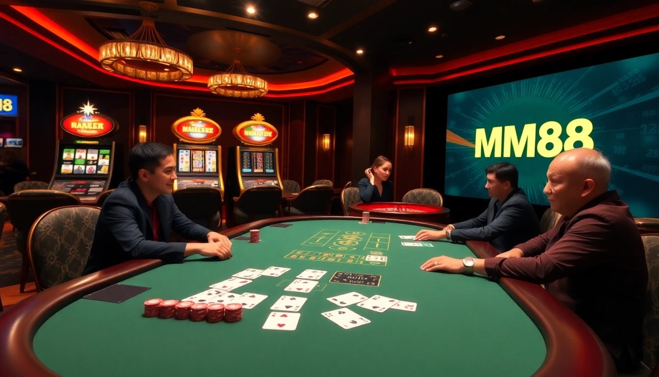 Experience MM88 excitement with vibrant poker chips and casino tables in a luxurious setting.