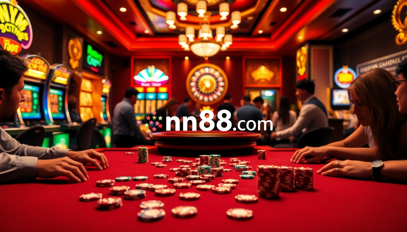 Engaged players at a poker table with vibrant chips, showcasing nn88.com branding in a luxurious casino setting.
