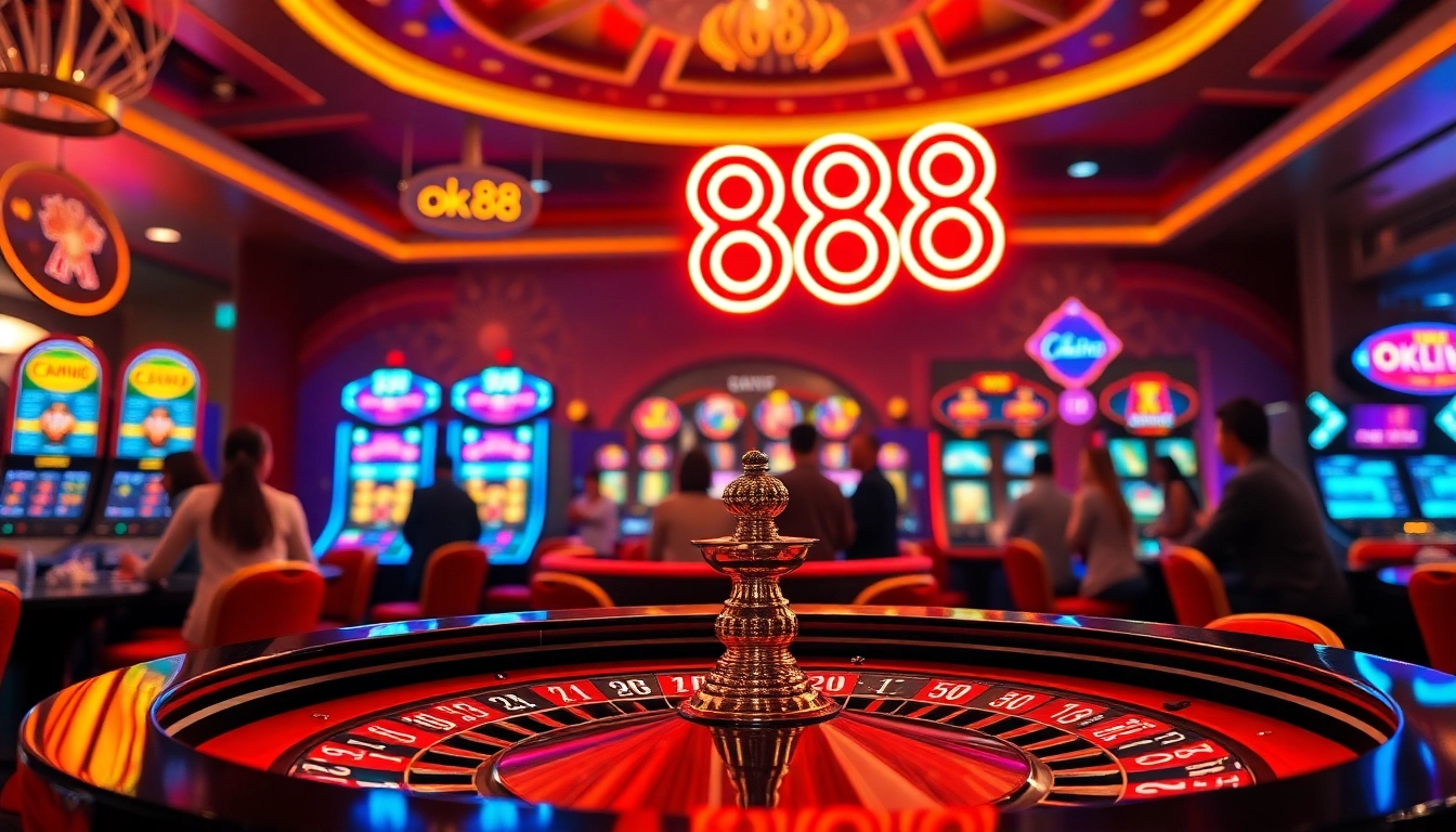 Experience the thrill of gambling at ok88 with a lively casino scene showcasing roulette tables and slot machines.