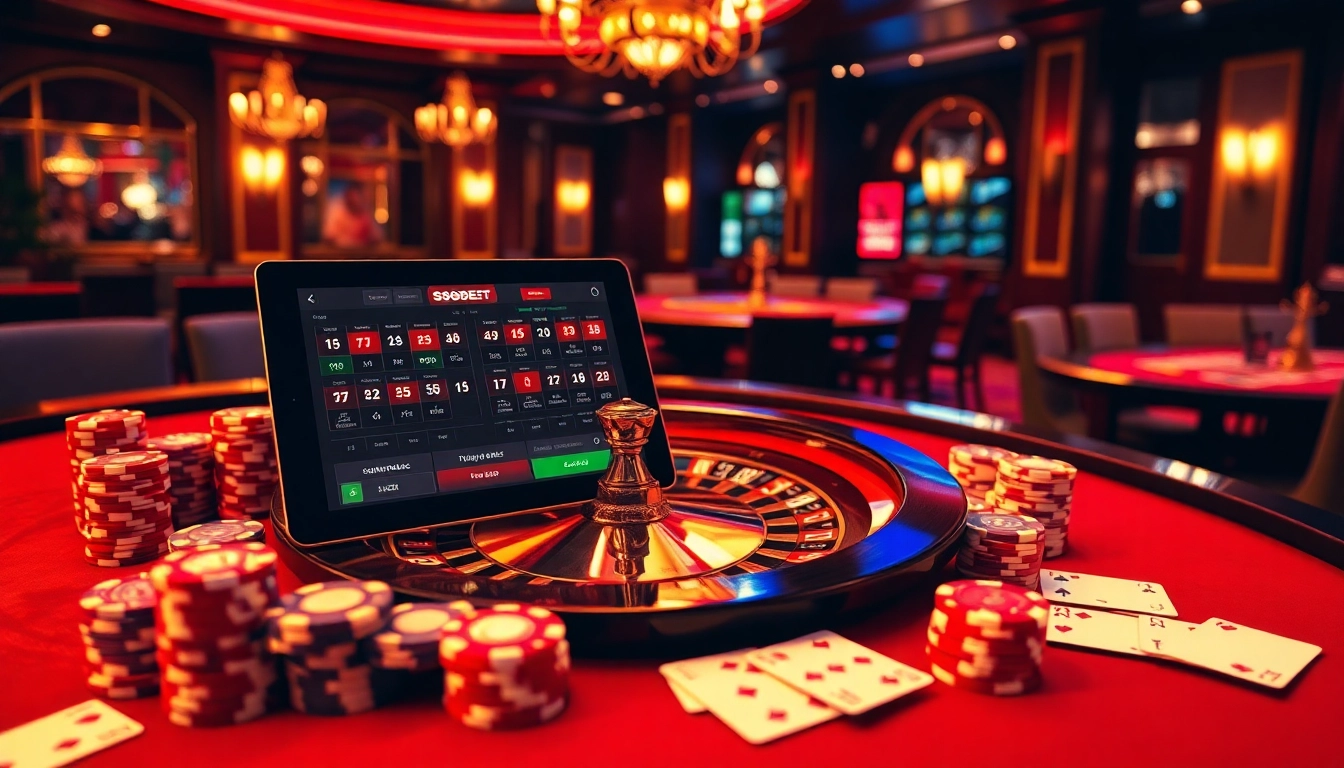 Sbobet online betting interface surrounded by poker chips and a roulette table in a luxurious casino setting.