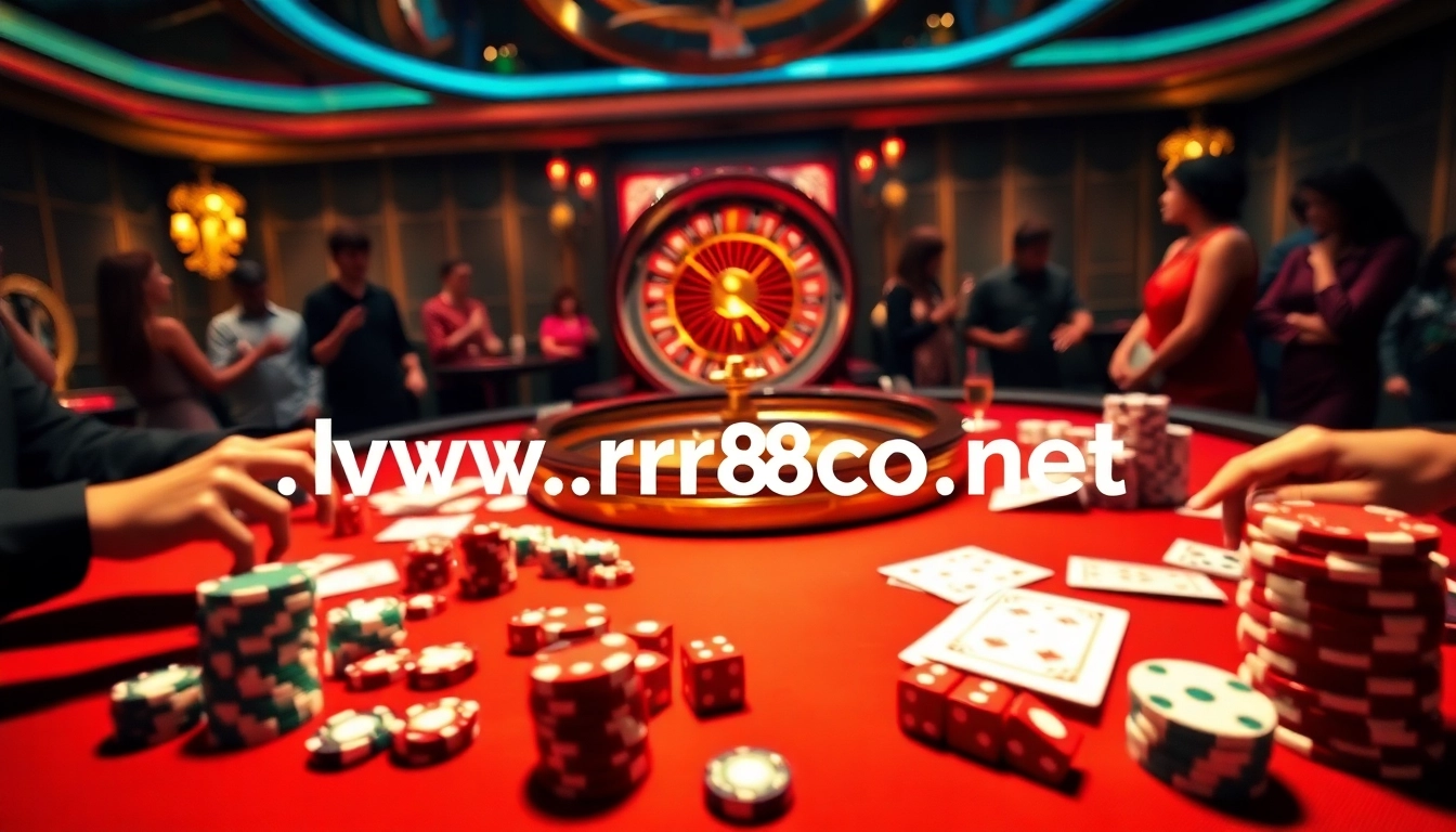 Experience the thrill of gambling at https://rr88co.net/ with poker chips and a vibrant casino background.