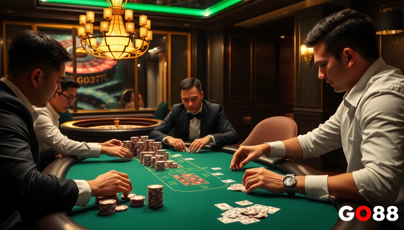 Engage in high-stakes poker with GO88 chips and cards in a luxurious gambling environment.