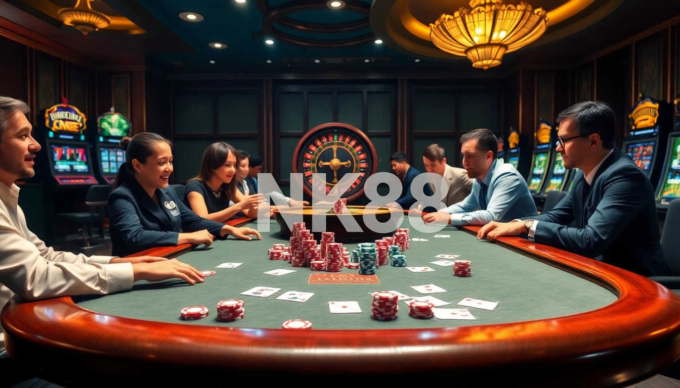 Experience the thrill of NK88 poker in a lavish casino setting with engaged players and vibrant chips.