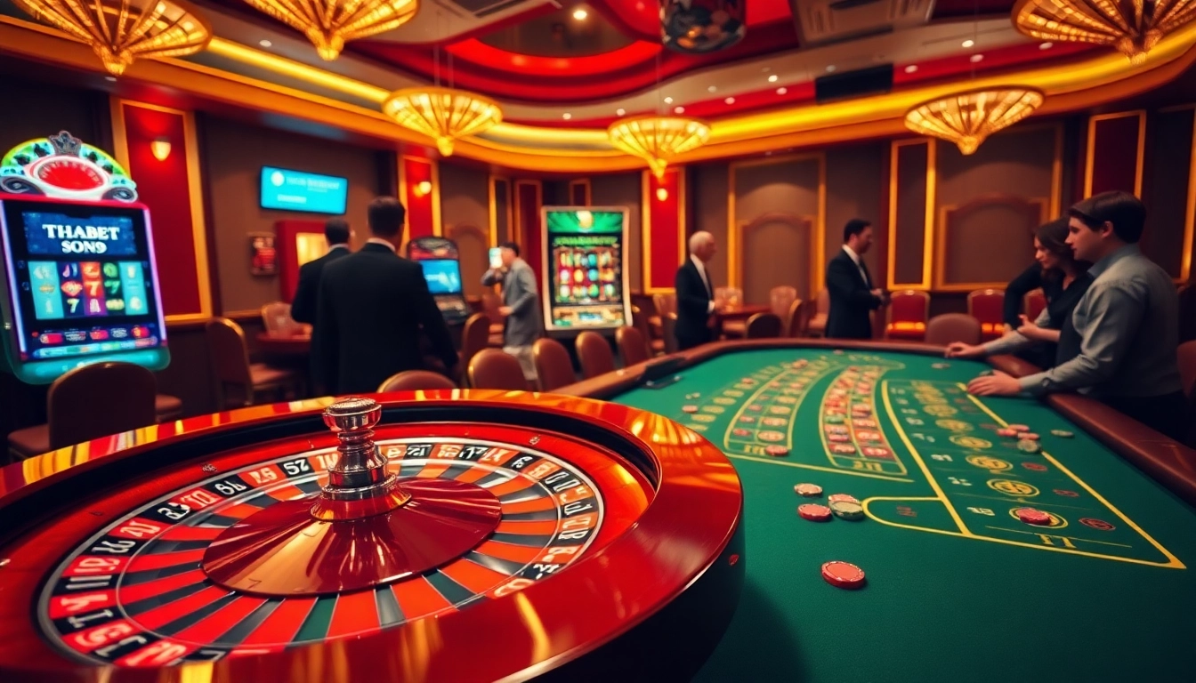 Thabet casino scene showcasing luxury gaming with roulette, poker chips, and eager players.