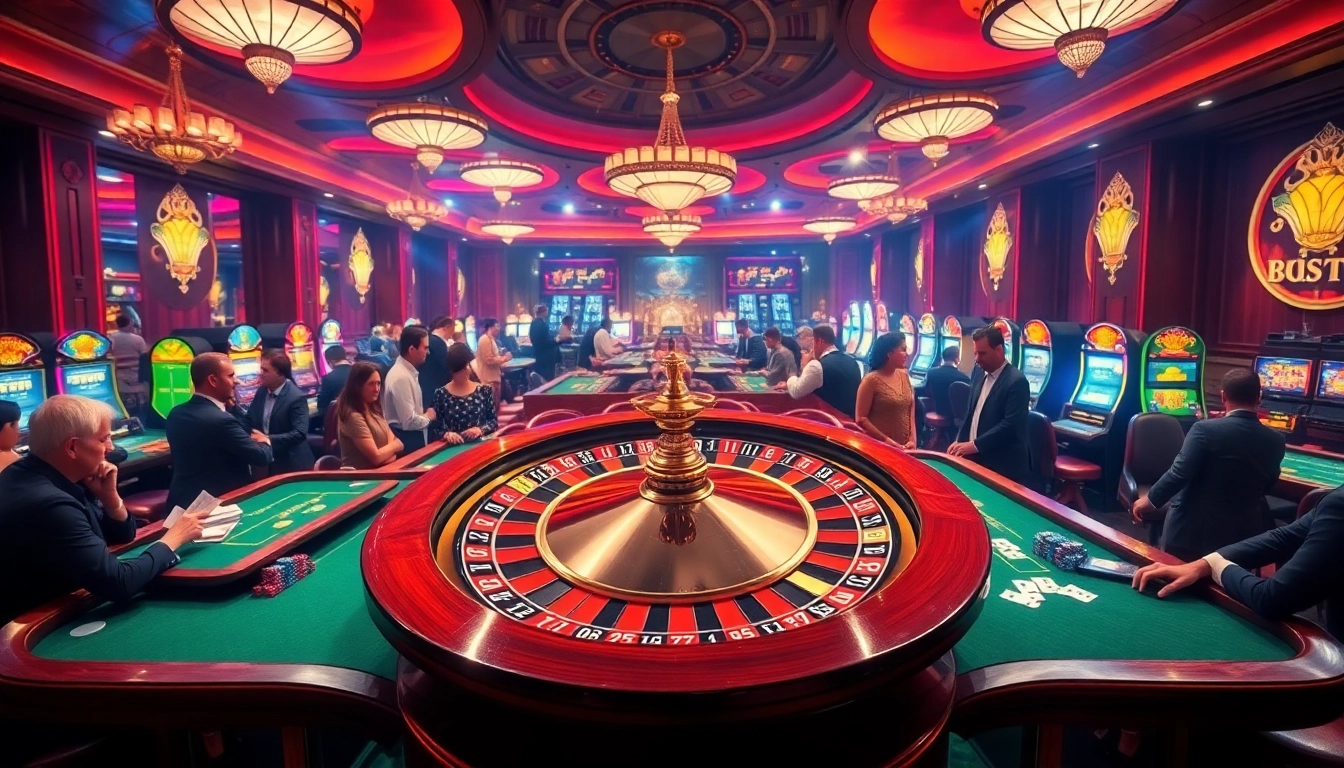 Experience the thrill of BDTK666 with vibrant casino action featuring roulette wheels and excited gamblers.