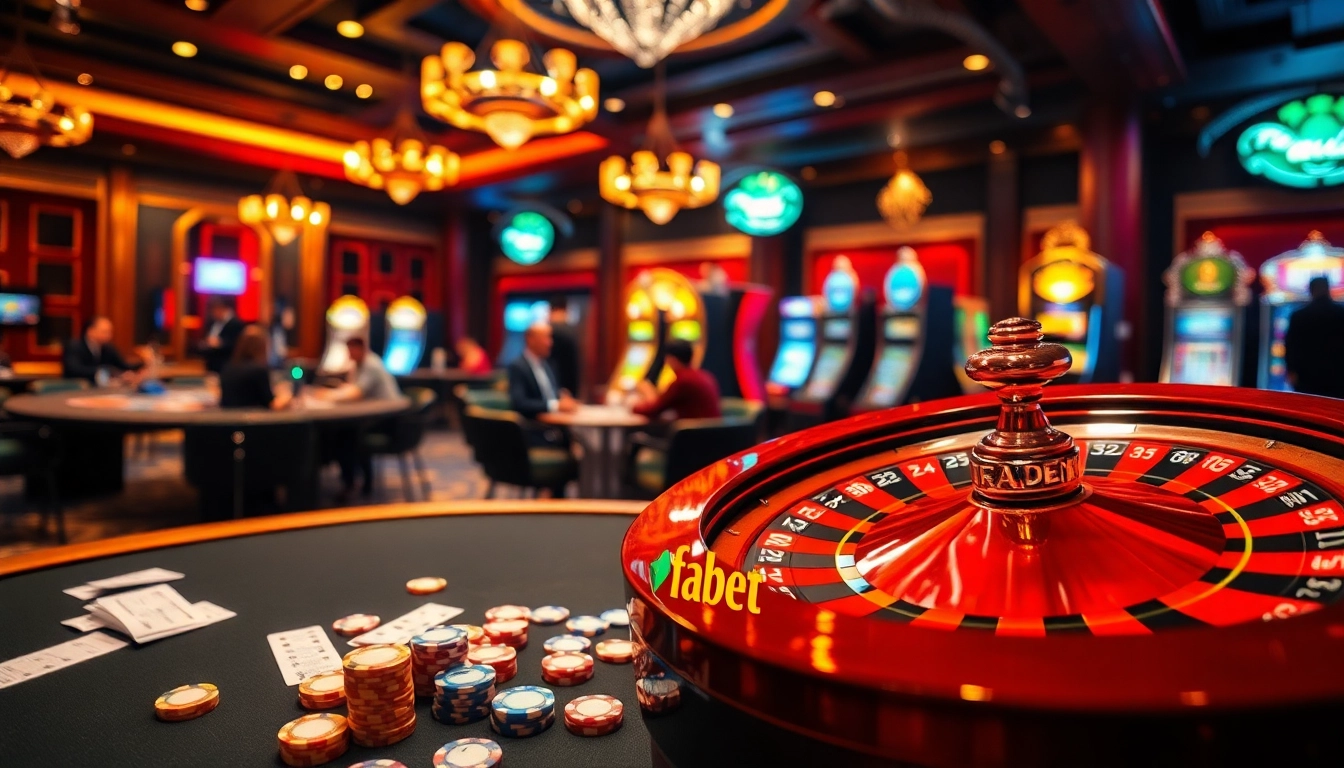 Fabet bets at a vibrant casino featuring roulette, poker, and slot machines.