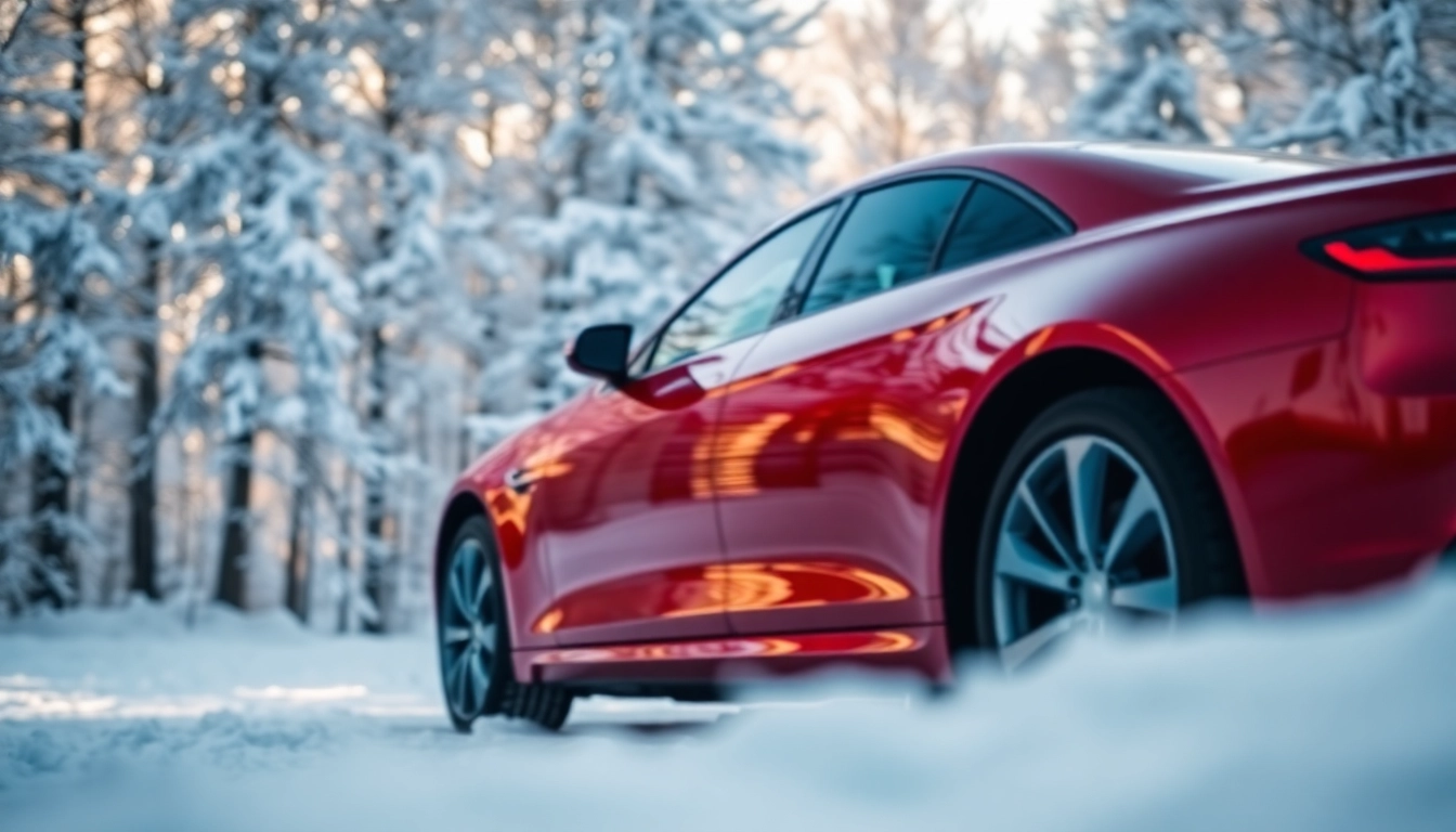 PPF winter road salt protection on a gleaming vehicle in a snowy landscape.