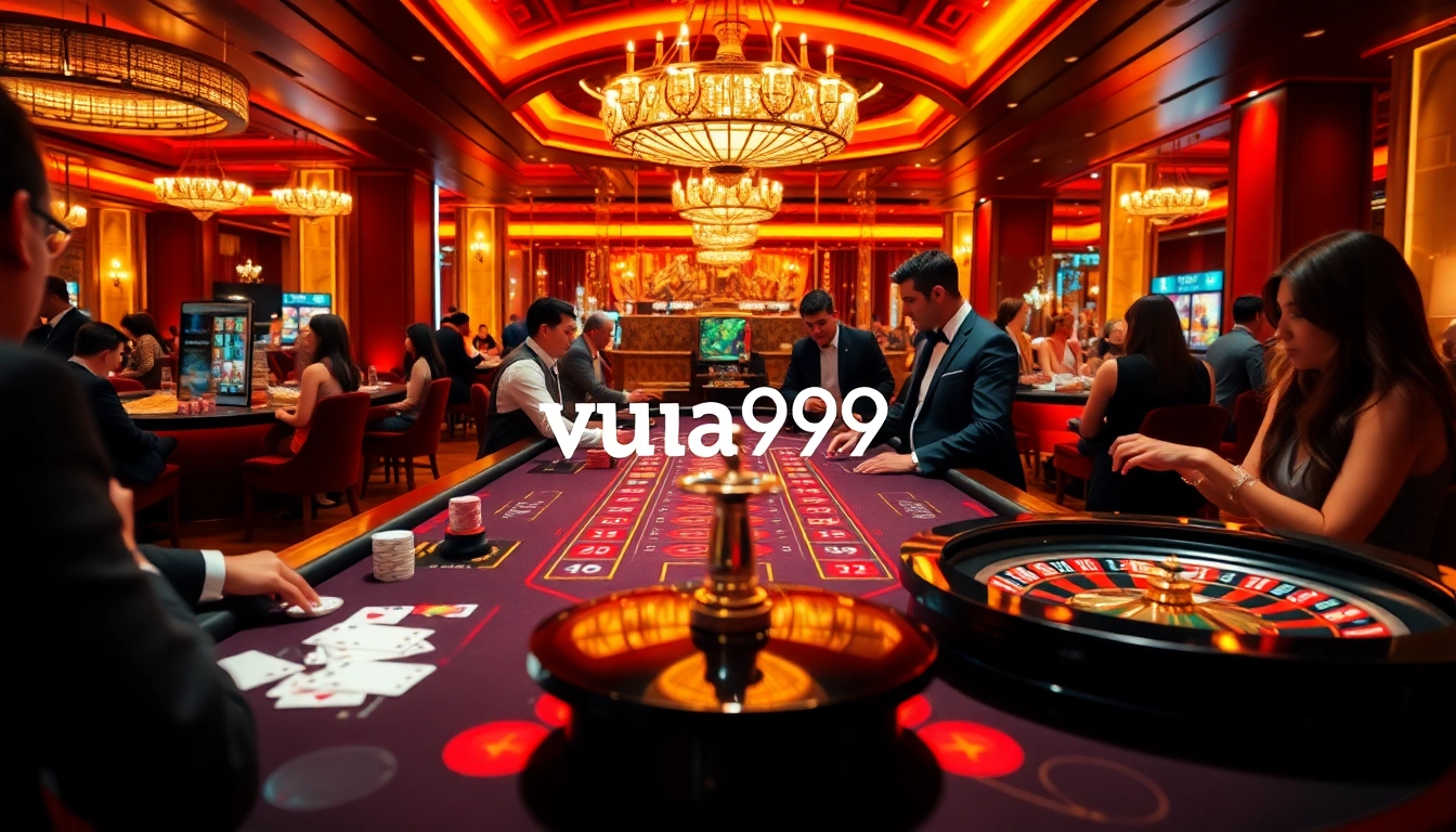 Vua99 players engaging in an exciting casino game with luxurious table and vibrant atmosphere.