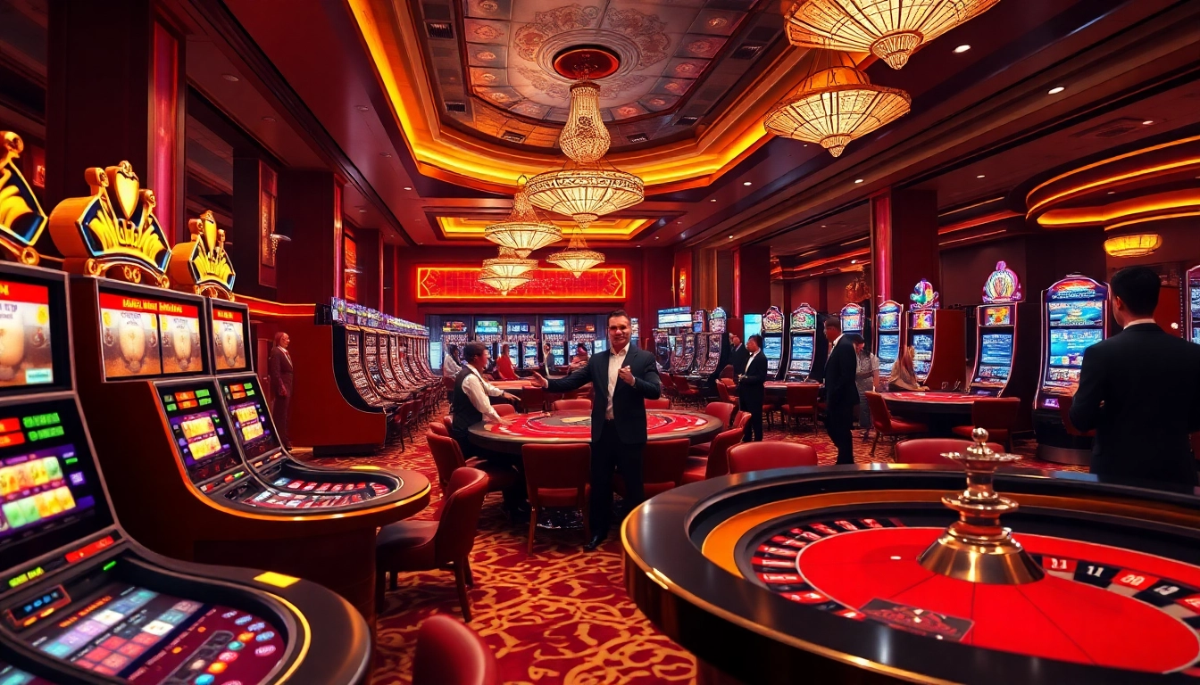 K9K9 casino scene featuring lively tables and vibrant slot machines in a luxurious setting.