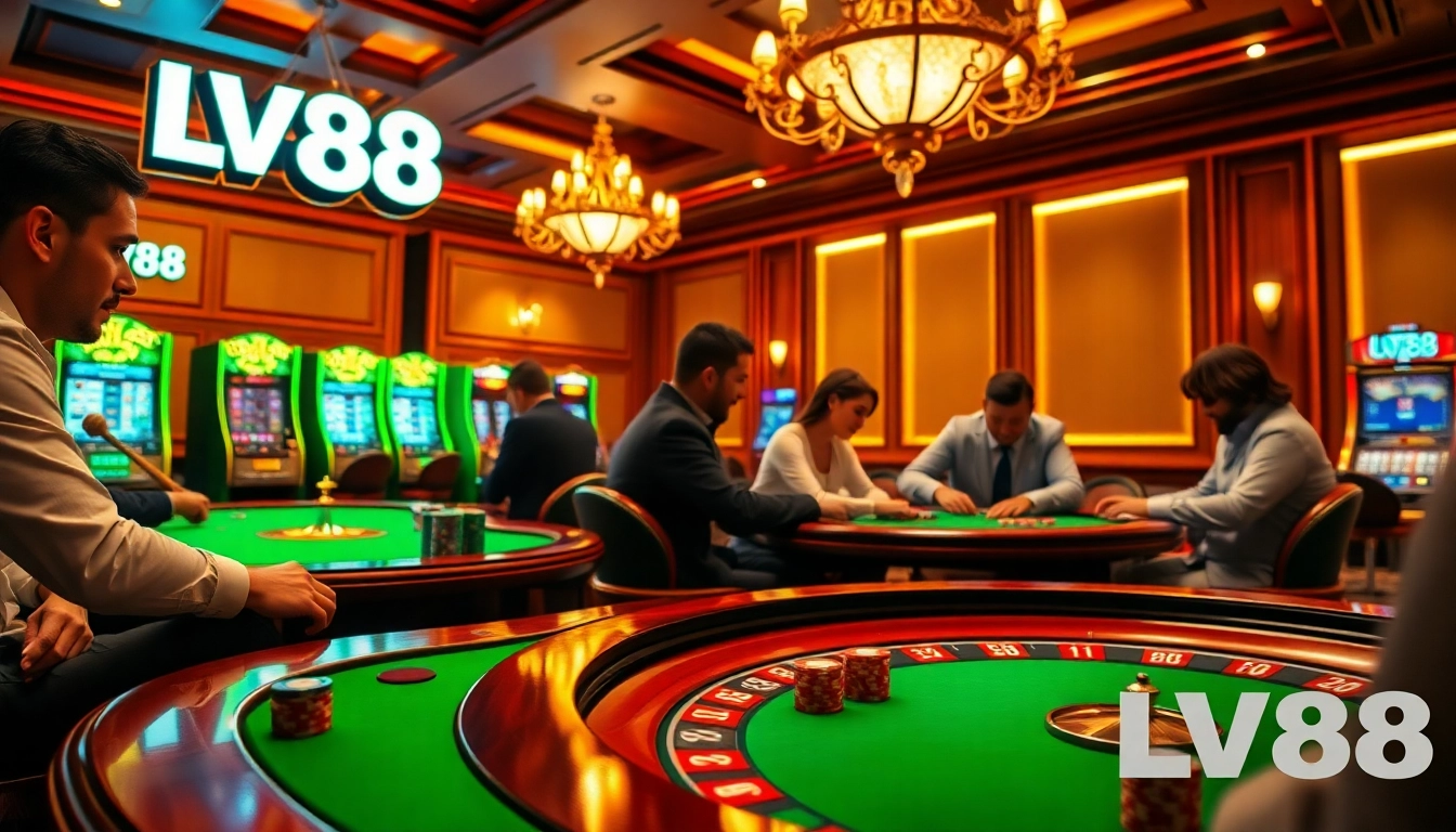 Players strategizing poker at LV88 casino table in a luxurious gambling environment.