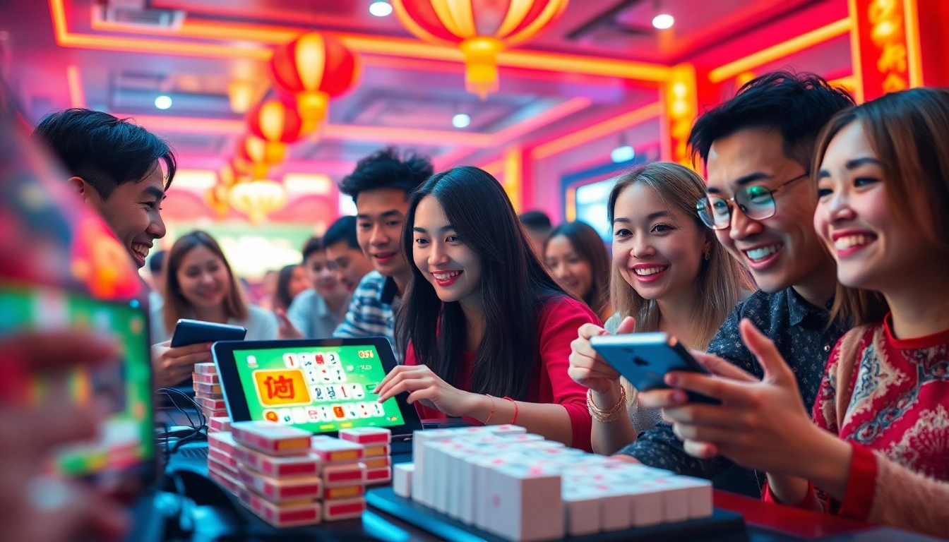 Engaging players immersed in the online lottery game at https://nk88.gg/, featuring traditional mahjong tiles and vibrant energy.