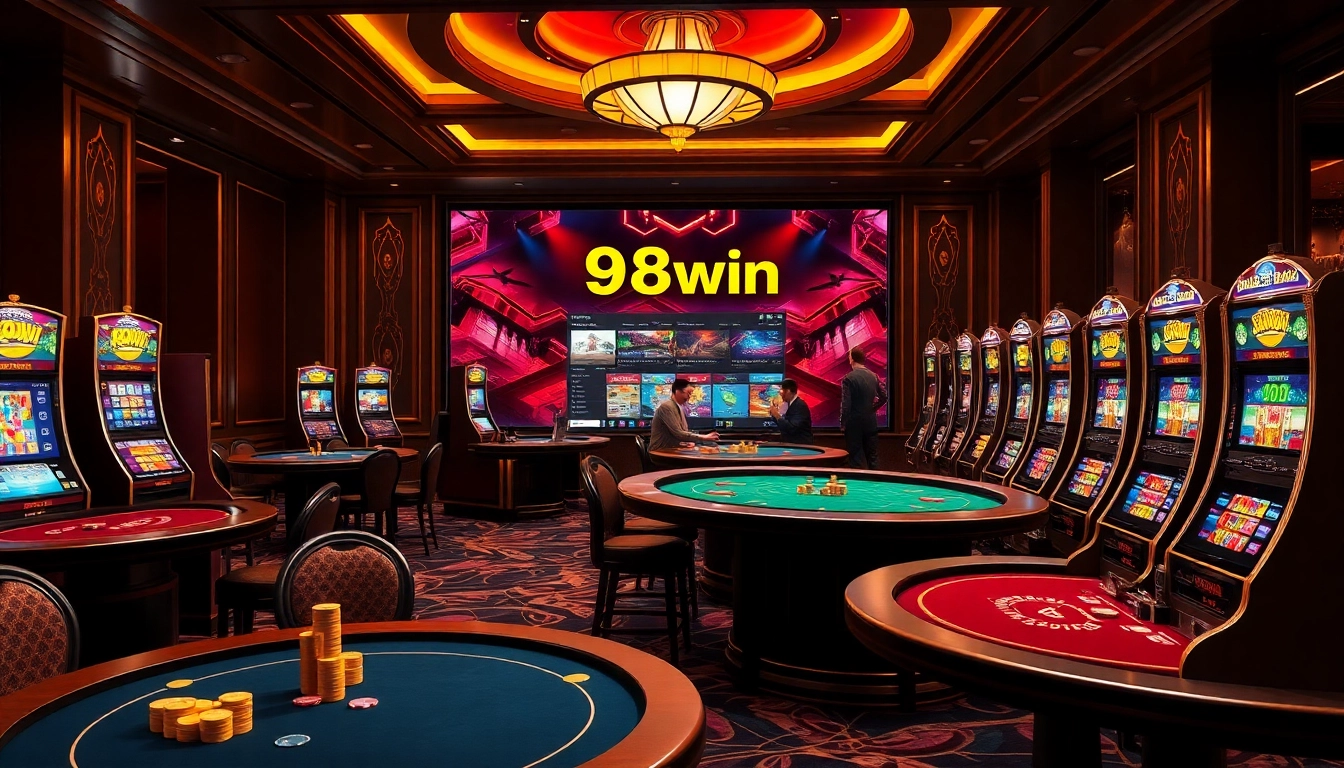 Experience thrilling online gaming at 98win đăng nhập with luxurious casino visuals showcasing vibrant slot machines.