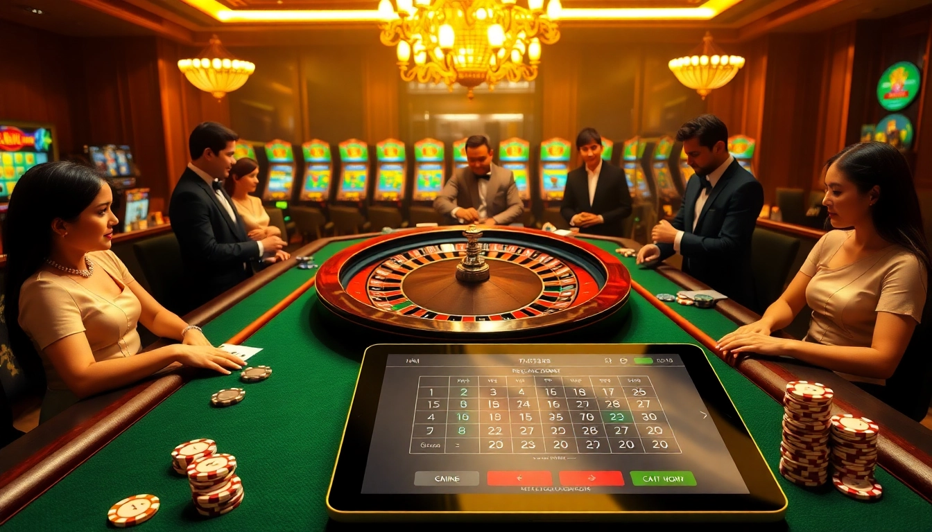 Engage in thrilling games at https://789clubac.cn.com/ with a luxurious casino scene featuring poker tables and roulette wheels.