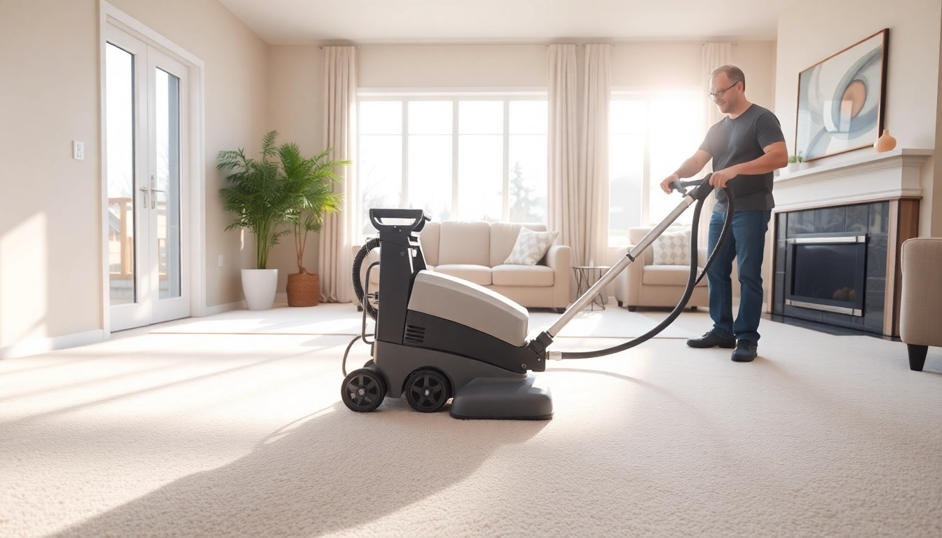 Professional Cheyenne carpet cleaner using advanced equipment in a bright living room.