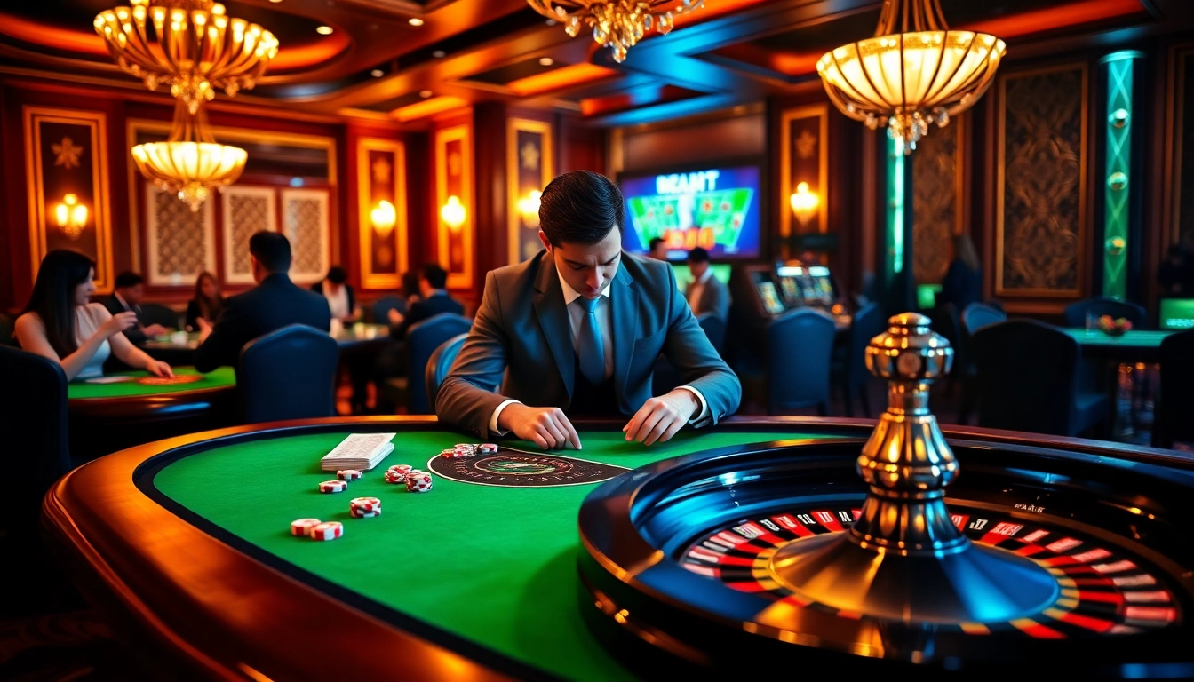 Players engaging in an exciting game of Luckywin tài xỉu md5 within a luxurious casino atmosphere.