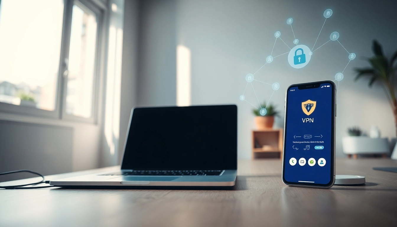 快连下载 app showcased on a smartphone in a modern home office setup, symbolizing secure internet access.