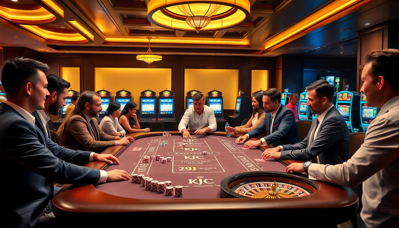 KJC casino scene with players engaged in a thrilling game of poker and vibrant poker chips.