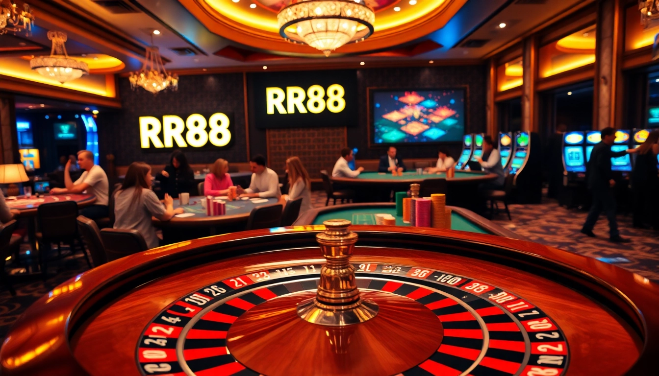 Experience high-stakes excitement at RR88's casino, featuring roulette and poker tables.