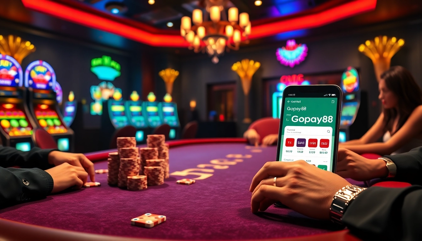 Players enjoy a thrilling poker game at the Gopay88 casino, featuring vibrant chips and cards.