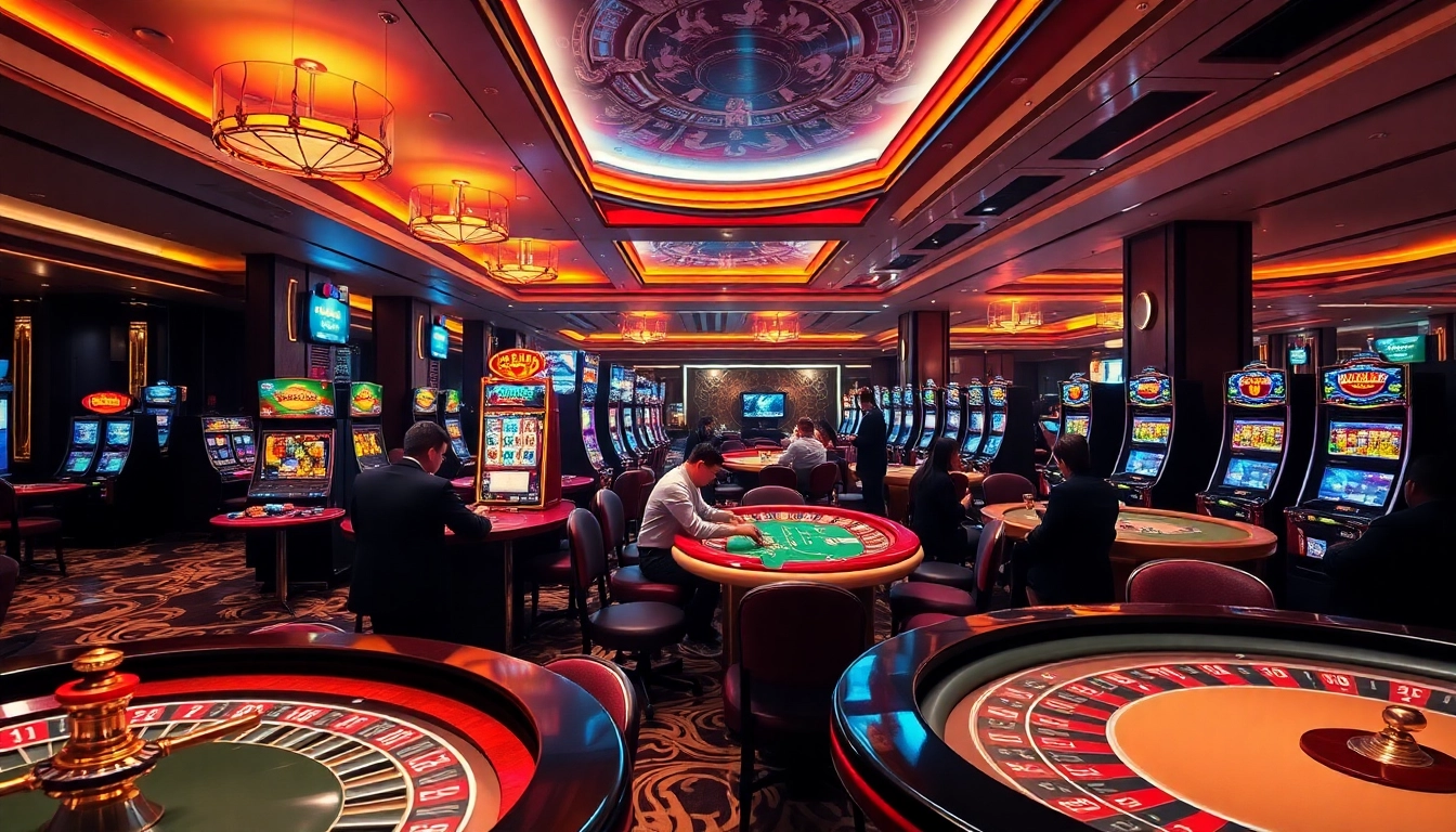 Players enjoying games at Nhà cái TK88, featuring poker tables and slot machines in an upscale casino.