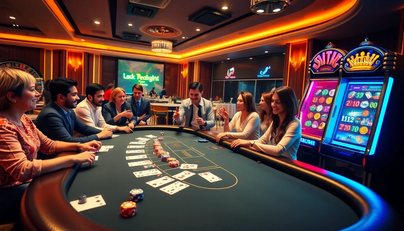 Exciting casino scene at https://gg88.tech/ featuring players at blackjack table, colorful poker chips, and vibrant slot machine.