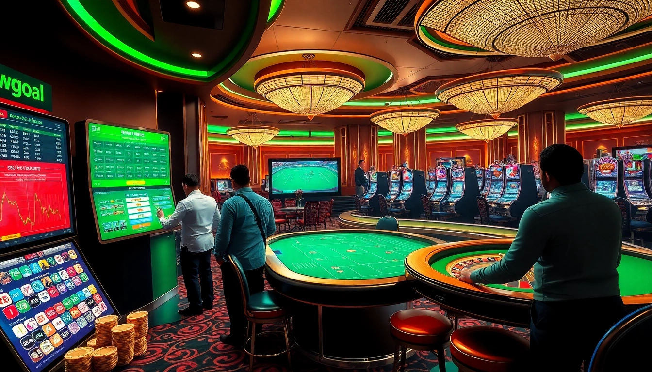 Engaged bettors at a vibrant sports betting kiosk showcasing Nowgoal's live odds and expert insights.