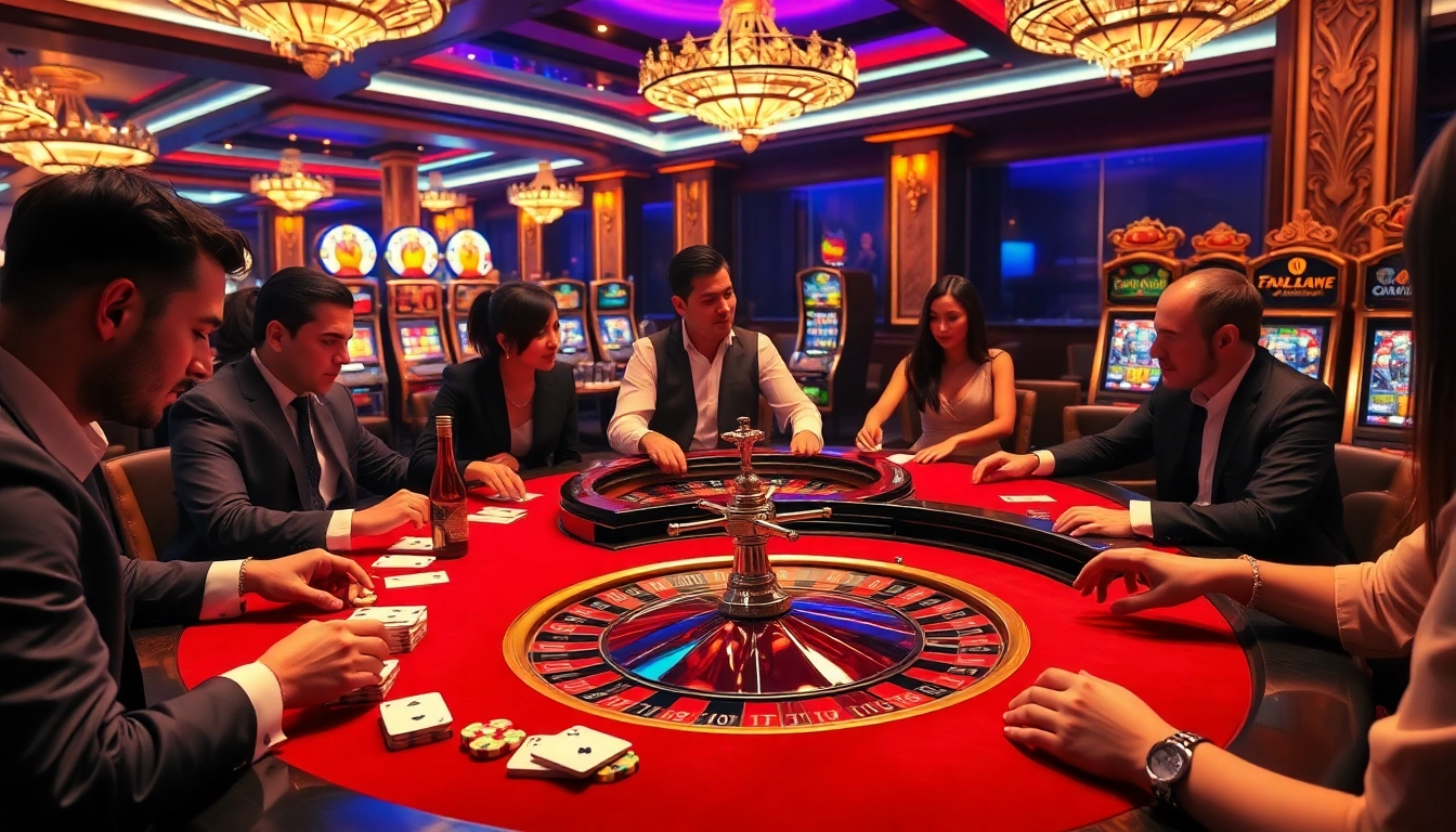 Topvin gaming table bustling with excitement at a luxurious casino scene featuring poker and roulette.