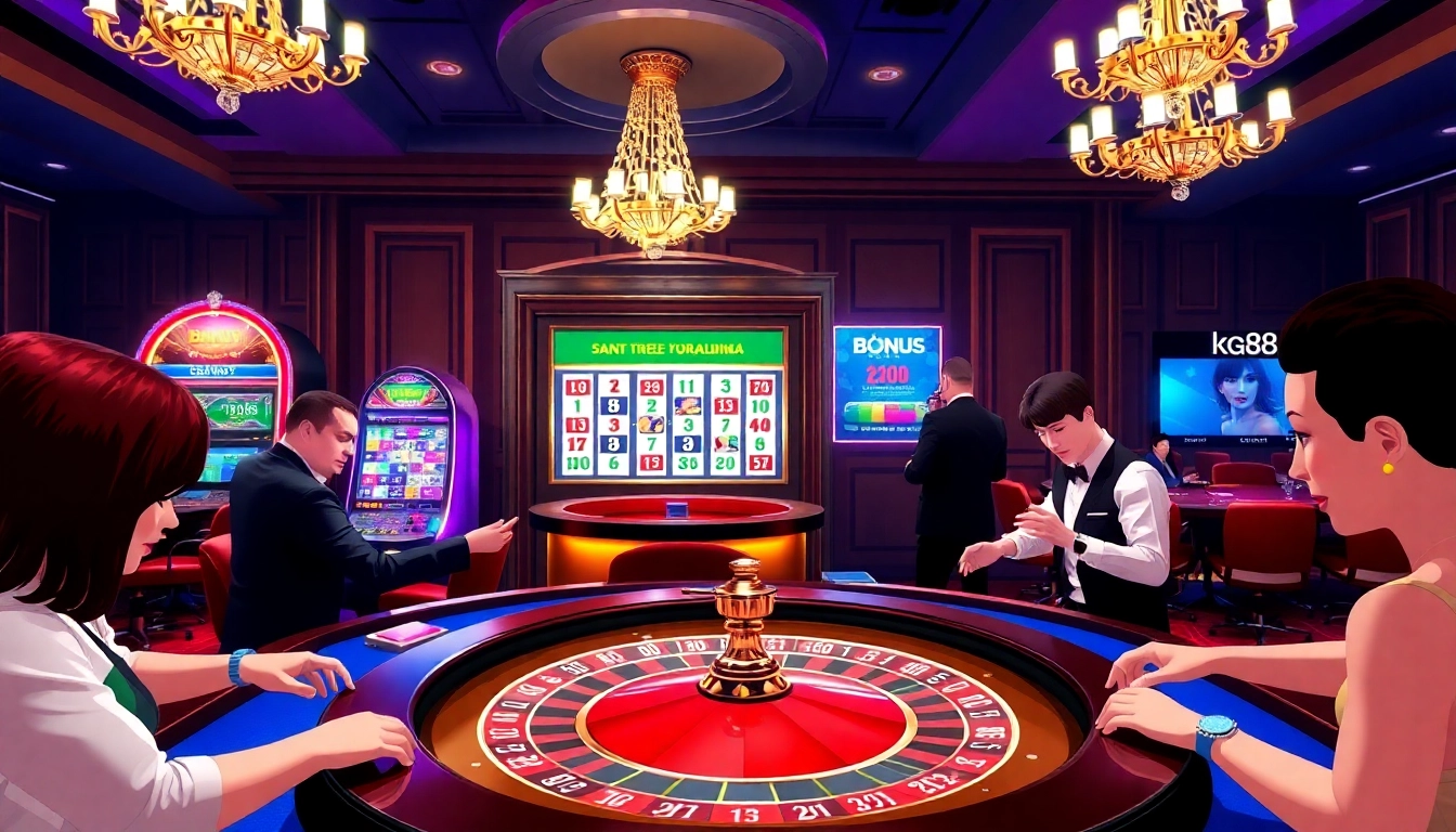 Players engaging at the kg88 roulette table, surrounded by vibrant casino elements.