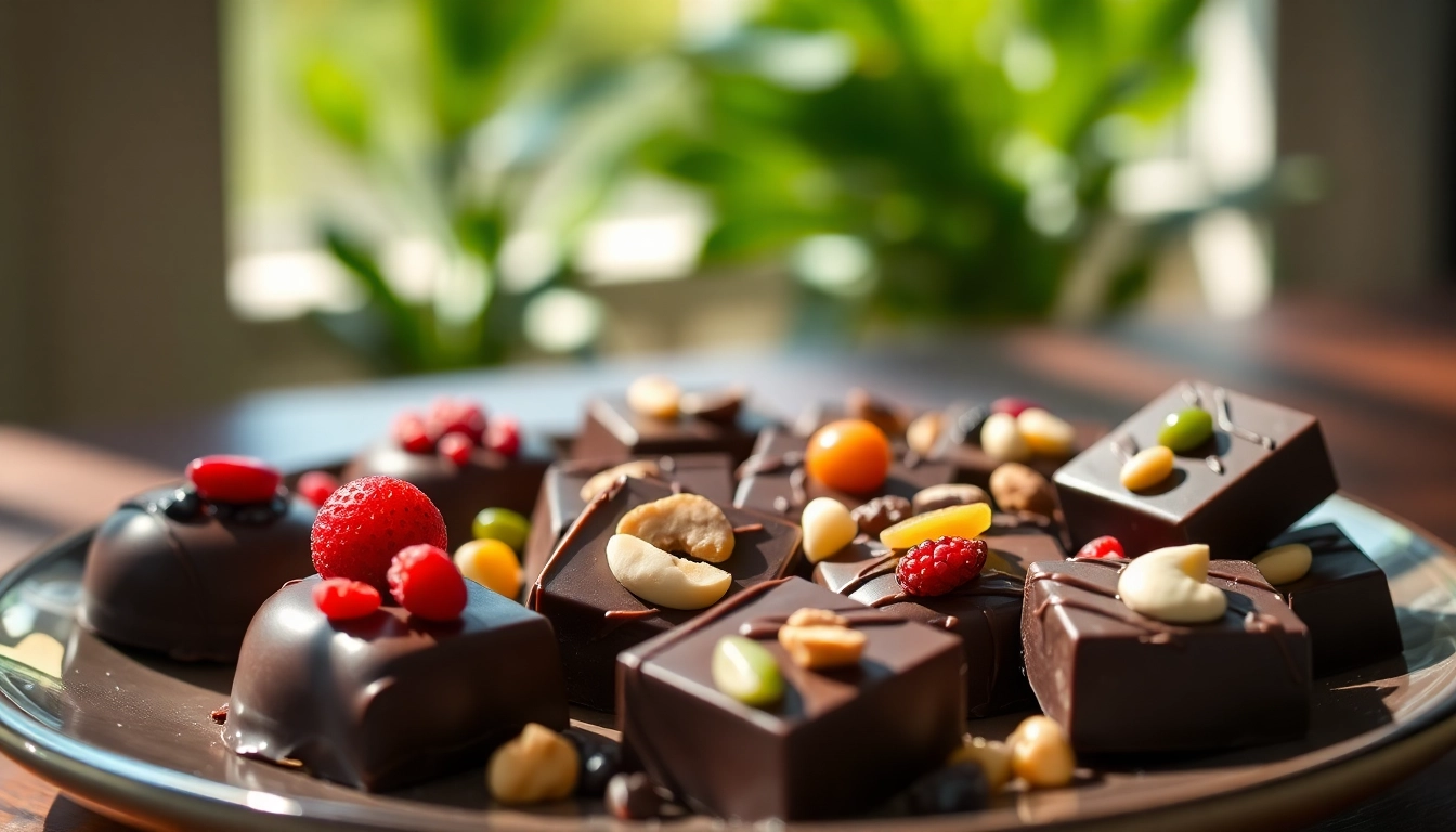 Indulge in rich chocolate edibles 1000mg, elegantly showcased with fruits and nuts.