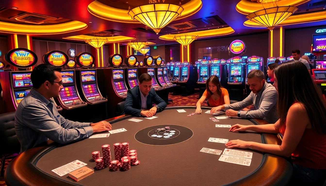 Players engaging in thrilling card games at 88VV casino, surrounded by colorful slot machines.
