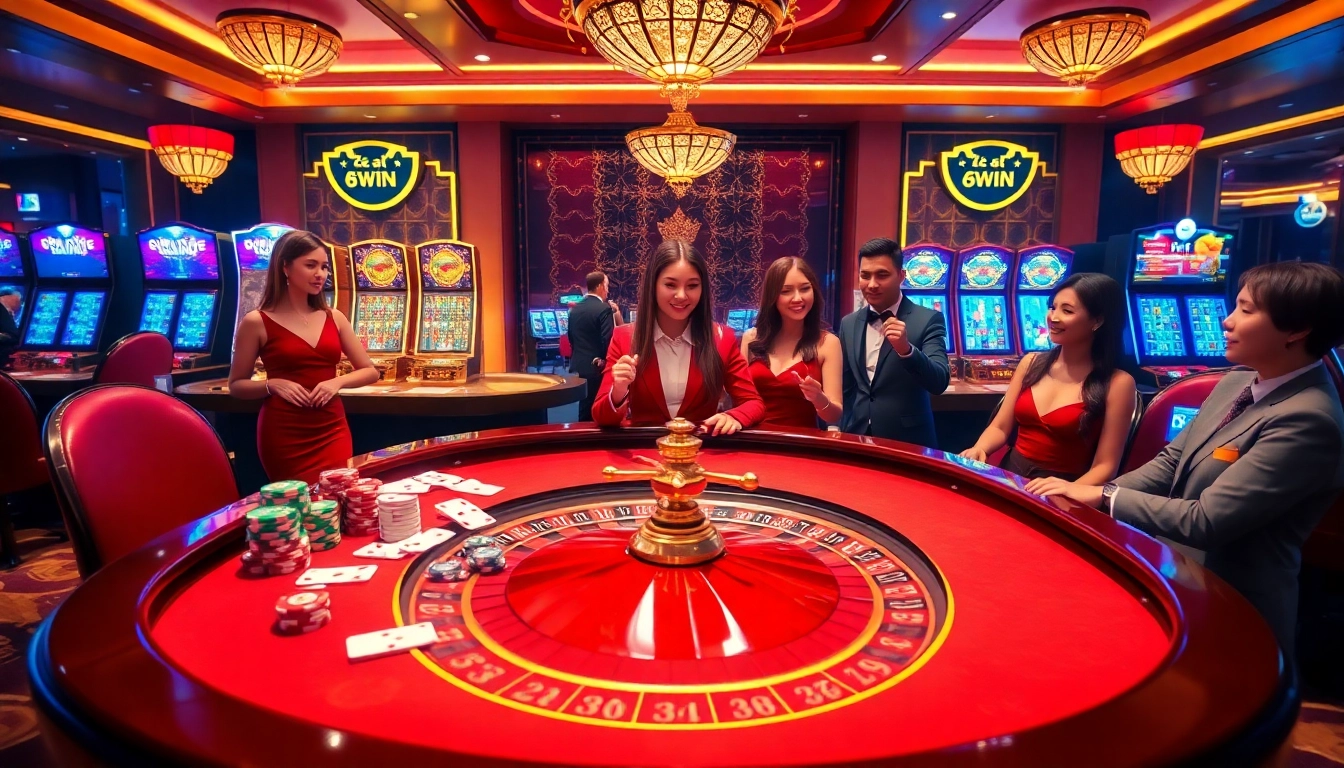 Exciting gambling scene at 68win casino with vibrant poker table and players engaged.