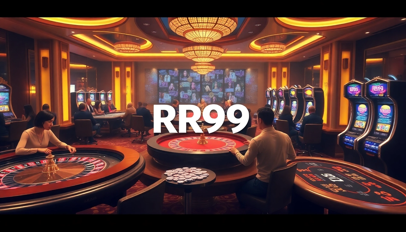 Experience the thrill of RR99 with vibrant casino tables, poker chips, and live games.