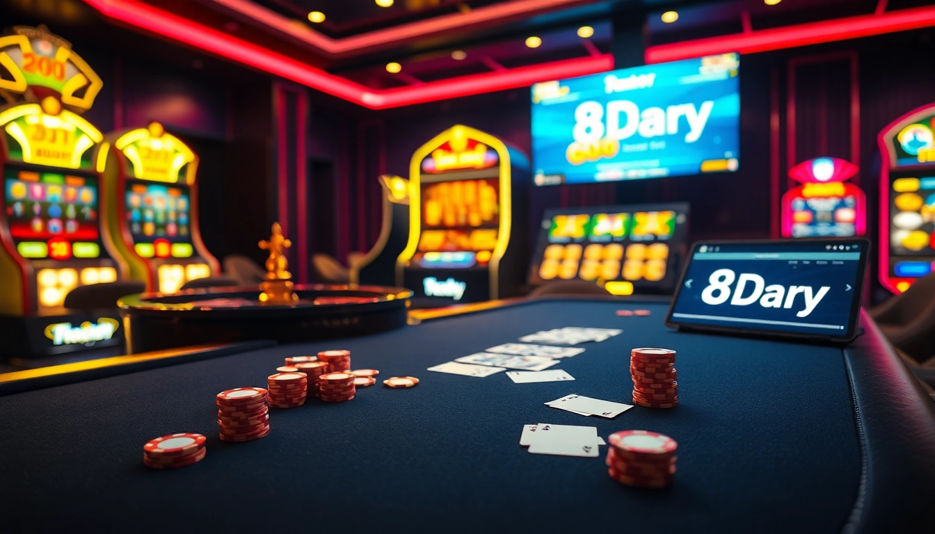 Play poker and spin the roulette at the stunning 8day casino environment with elegant tables and vibrant lights.