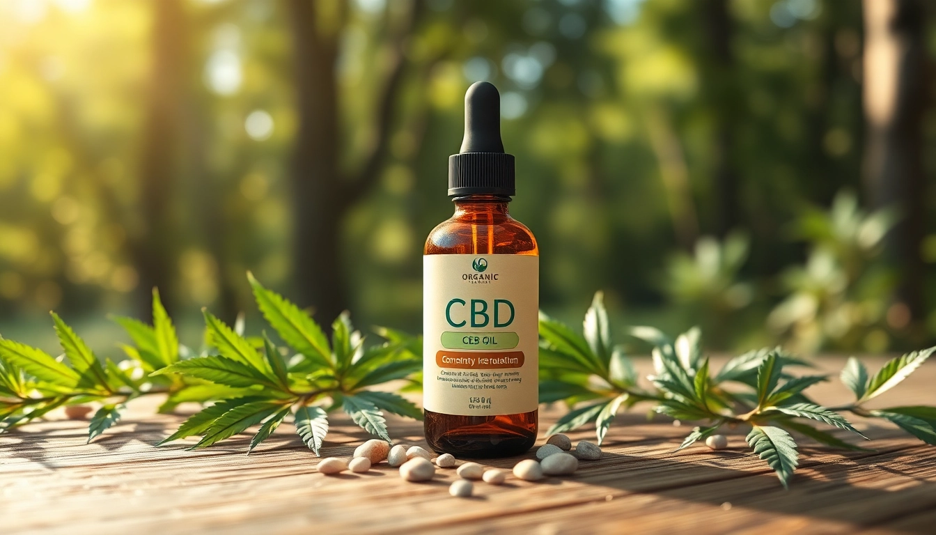 Showcasing Organic CBD oil bottle with nature elements, emphasizing natural wellness.