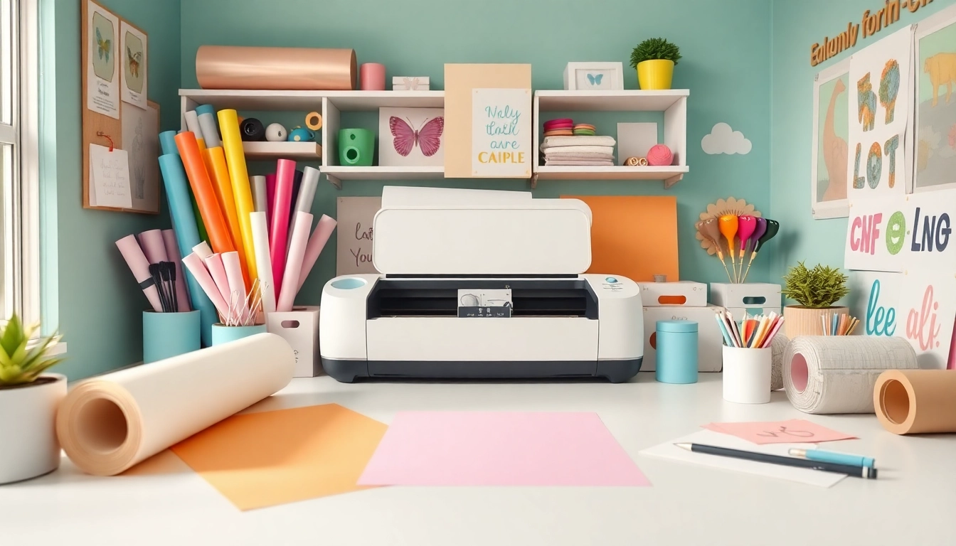 Cricut SVG crafting scene with vibrant materials and a Cricut machine.