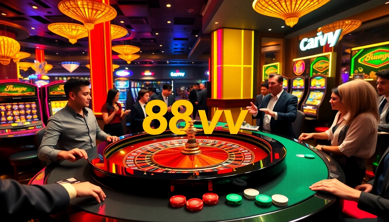 Players enjoying an exciting casino experience at 88vv with roulette and slot machines.