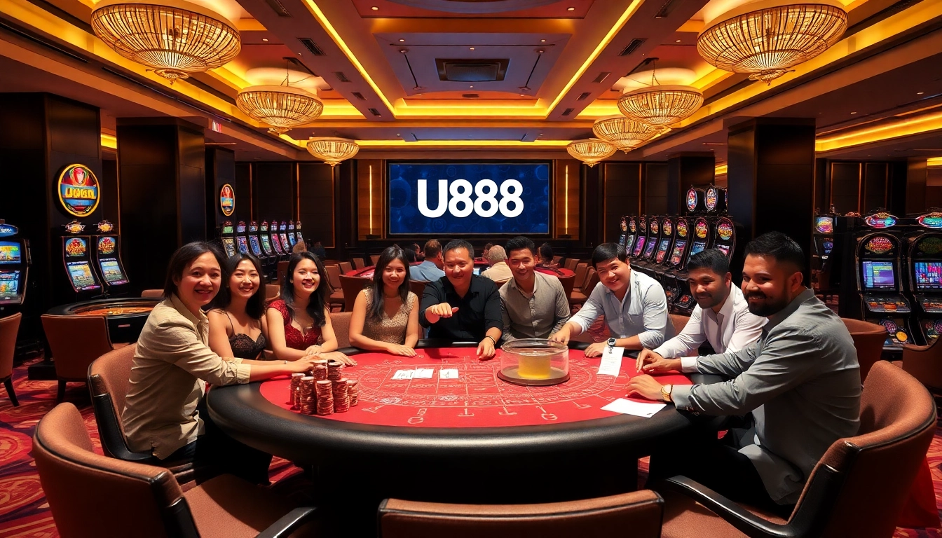 Engaging scene of U888 luxury casino with poker, roulette, and slot machines.