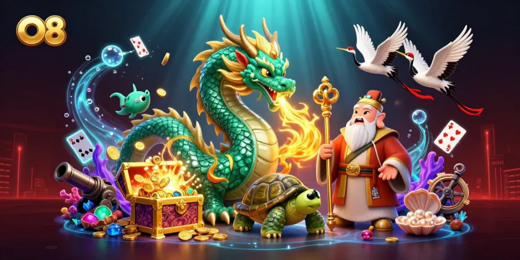 Bet on the luck of O8 with a vivid illustration featuring a dragon and treasure.