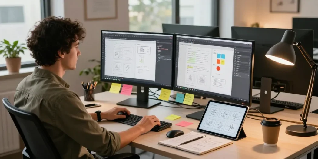 Designer using 截图工具 on dual monitors, showcasing collaborative web design in a modern office setting.