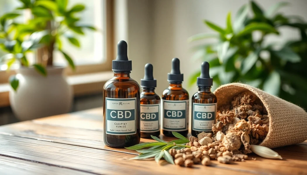Showcase of properloud CBD products surrounded by natural herbs, emphasizing health and wellness.