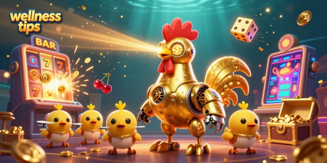 Engage with exciting wellness tips in this 3D casino illustration featuring animated characters and vibrant gaming elements.