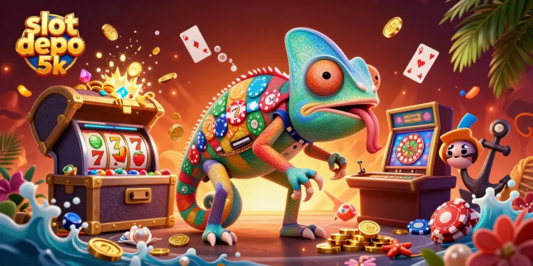 Engage with slot depo 5k in a vibrant 3D casino scene featuring a chameleon owner.