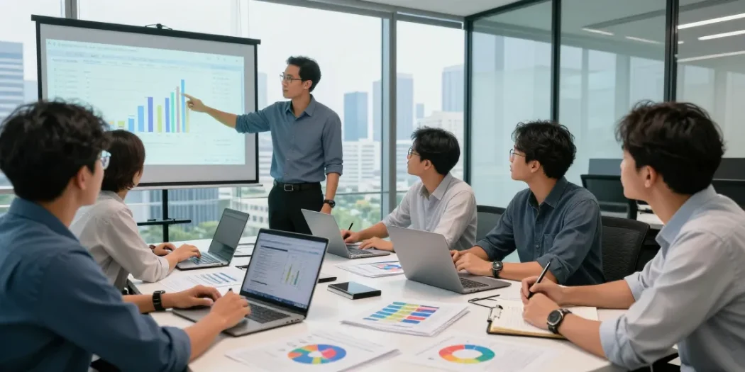 Analisis tren syair menang oleh tim ahli di ruang kantor modern yang terang.